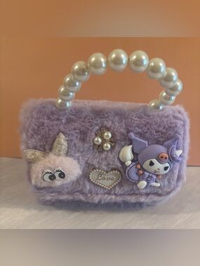 Kuromi Purple Fuzzy Pearl-Handle Purse with Character Accents
